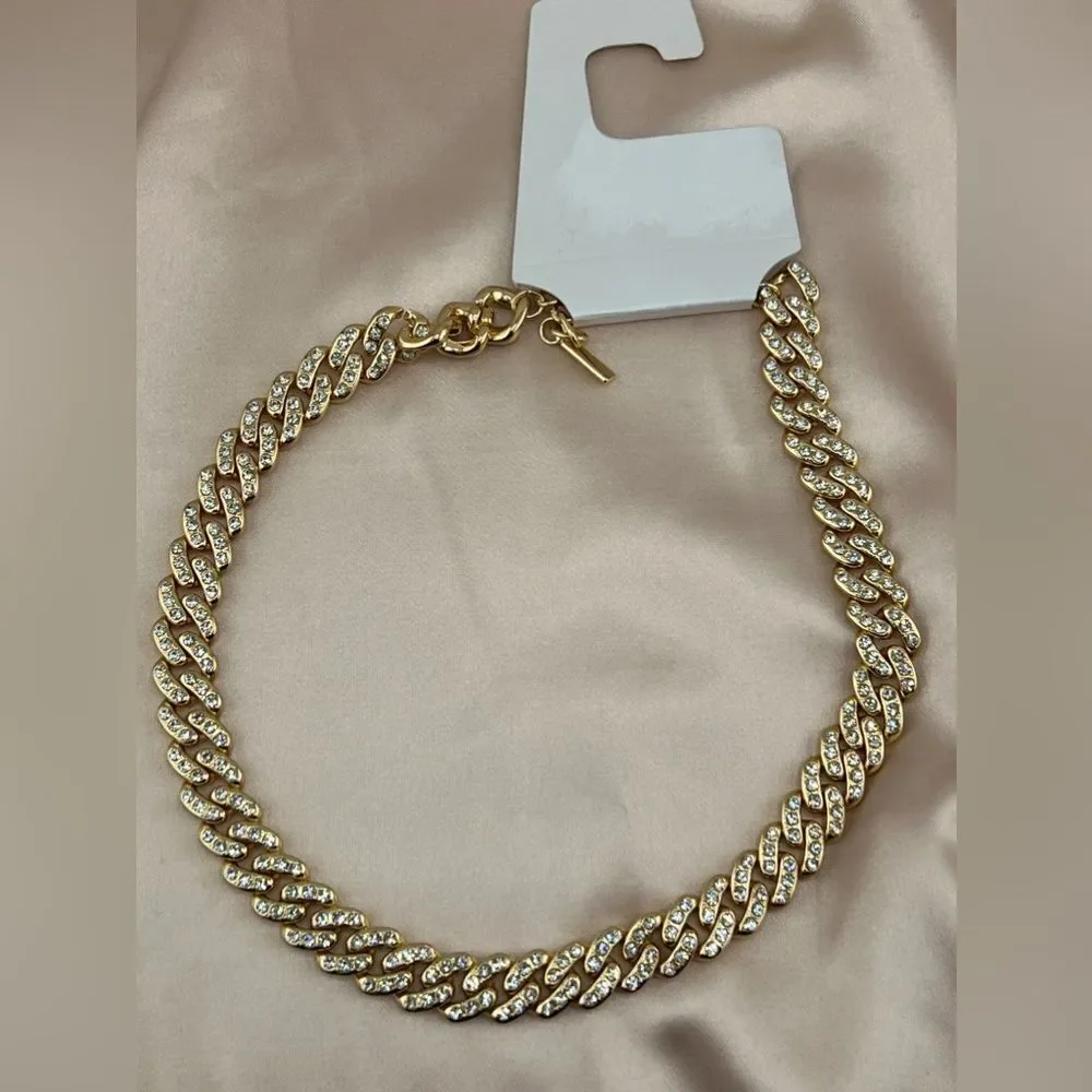 Gold-Tone Cuban Link Chain Necklace with Rhinestones